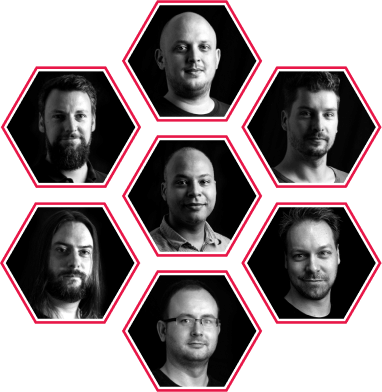 Portraits of our team members: Timo Korinth, Simon Hopstätter, Kingsley Owusu-Sekyere, Oliver Küchen, Robert Schiller, Christopher Brook, Tobias Dobbrunz